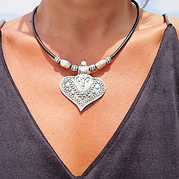 Boho Silver Statement Heart Necklace - Picture 2 of 5